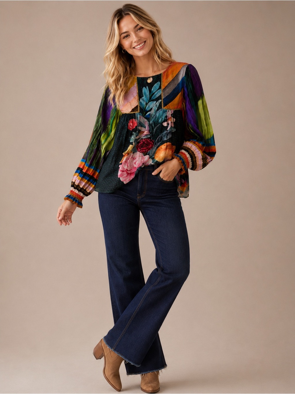 Blank London Women’s XSmall Floral Striped Mixed Print Boho Peasant Blouse